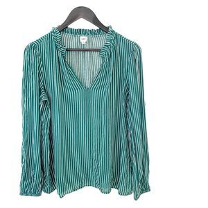 GAP Green White Vertical Striped Ruffle VNeckline Long Sleeve Blouse